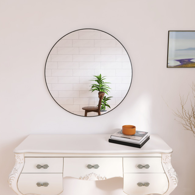 BNK 32 Inch Round WallMirror, Black Metal Frame Circle Mirror Contemporary Bathroom Mirrors