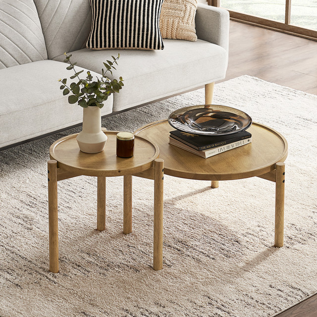 Mopio Dylan Solid Wood Coffee Table Set, 2 Piece Boho Farmhouse Round Rustic Midcentury