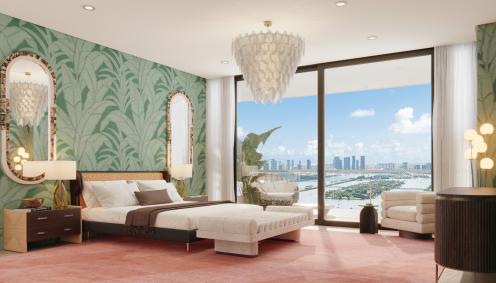 マイアミにある広いモダンスタイルのおしゃれな主寝室 (緑の壁、淡色無垢フローリング、ベージュの床、壁紙) のインテリア