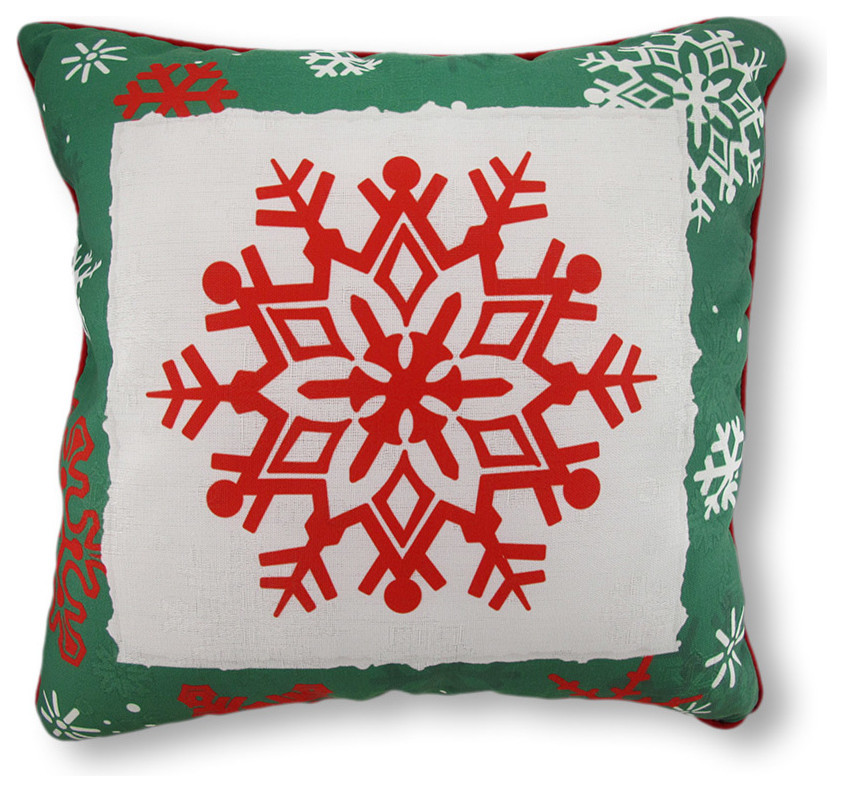 Reversible Winter Crisp Red and Green Snowflakes Pillow 18 In.