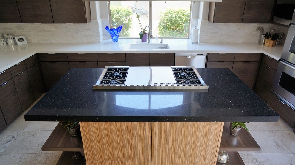 Mid-sized transitional u-shaped travertine floor and beige floor open concept kitchen photo in Phoenix with a single-bowl sink, flat-panel cabinets, light wood cabinets, quartz countertops, white backsplash, stone tile backsplash, stainless steel appliances and an island
