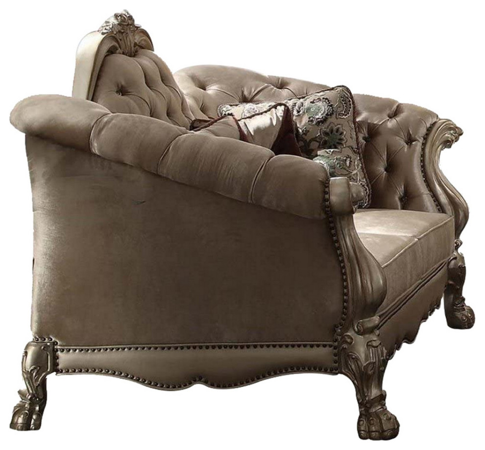 Fabric Upholstered Wooden Loveseat With Button Tufted Backrest, Gold