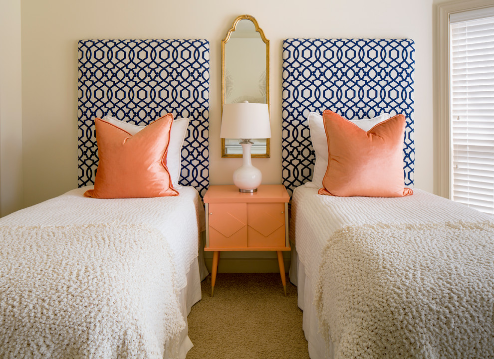 Inspiration for a transitional bedroom in Little Rock with white walls and carpet.