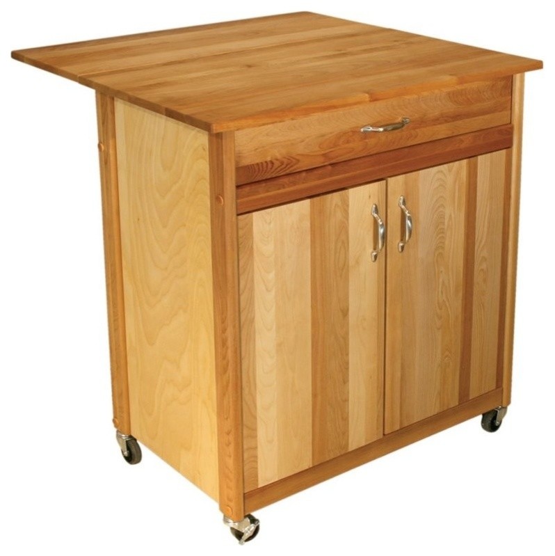 Pemberly Row 2Door Wood Kitchen Cart with Drop Leaf in Natural Transitional Kitchen Islands