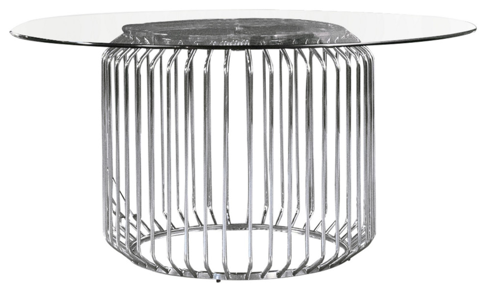 35" Cylindrical Dining Table Base Only, Caged Polished Chrome Metal