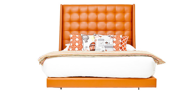 St Tropez Bed, Navy Faux Leather, Hermes Orange Faux Leather