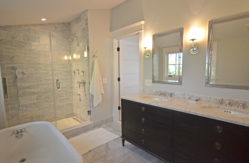 Inspiration for an arts and crafts bathroom in DC Metro with an undermount sink, an alcove shower and marble floors.