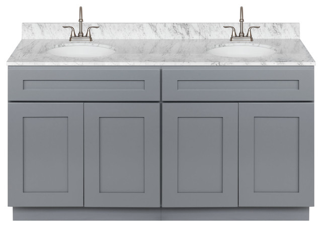 60" Double Bathroom Vanity, Cara White Marble Top, Faucet LB6B, Colonial Gray