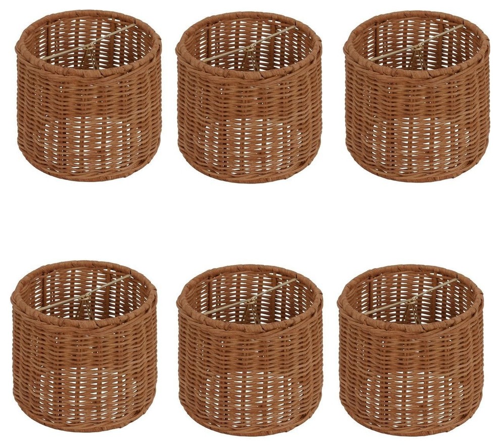 Medium Brown Wicker 5" Retro Drum Chandelier Lamp Shade, Set of 6 Tropical Lamp Shades by