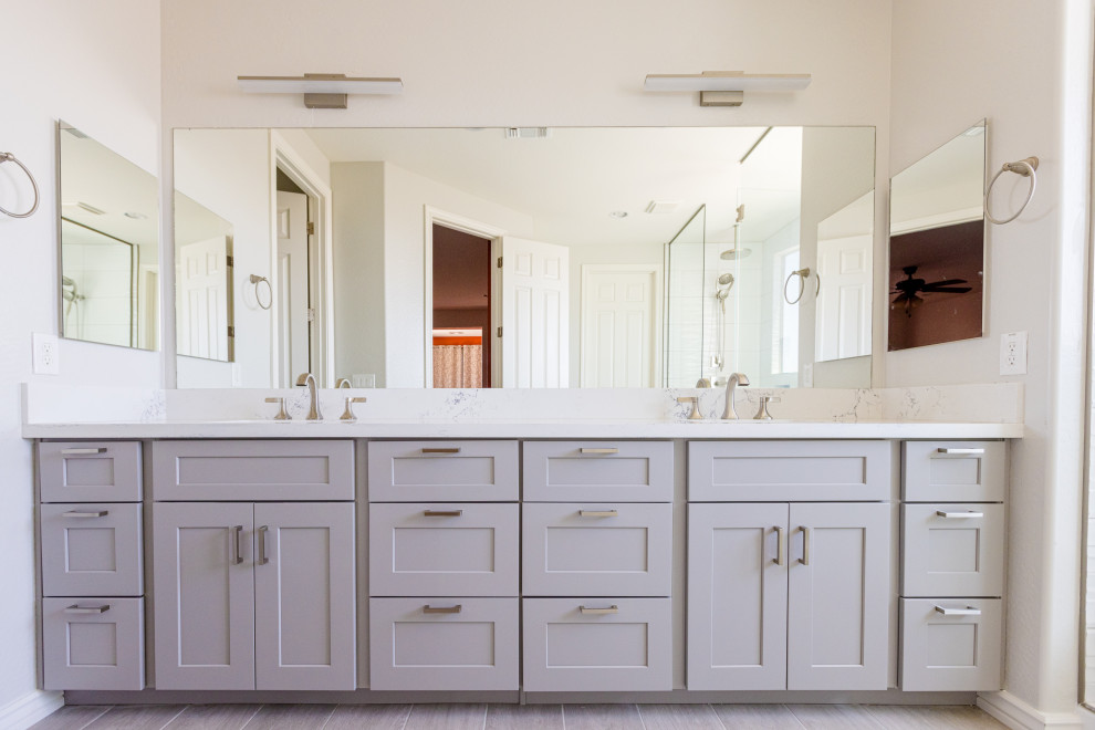 Inspiration for a large transitional master bathroom in Phoenix with shaker cabinets, grey cabinets, a double shower, white tile, cement tile, white walls, wood-look tile, an undermount sink, quartzite benchtops, grey floor, a hinged shower door, white benchtops, a shower seat, a double vanity and a built-in vanity.