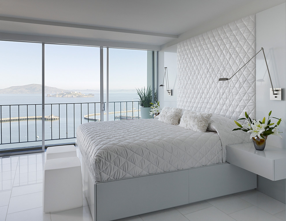 Inspiration for a contemporary bedroom in San Francisco with white walls.