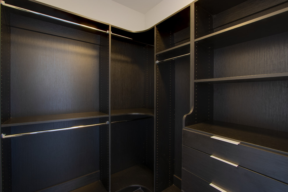 Design ideas for a large contemporary walk-in wardrobe in Las Vegas with flat-panel cabinets and black cabinets.