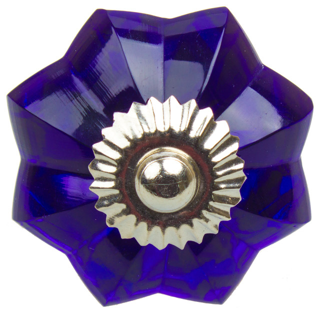 1 3 4 Blue Glass Flower India Cabinet Knob Contemporary