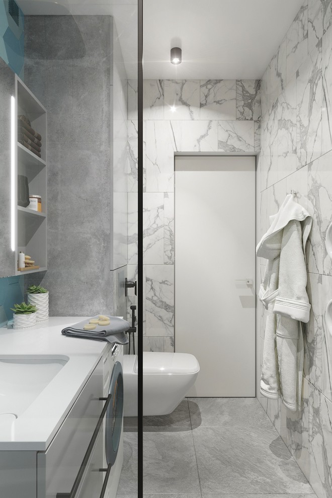 Сочетание мрамора и бетона в дизайне ванной.