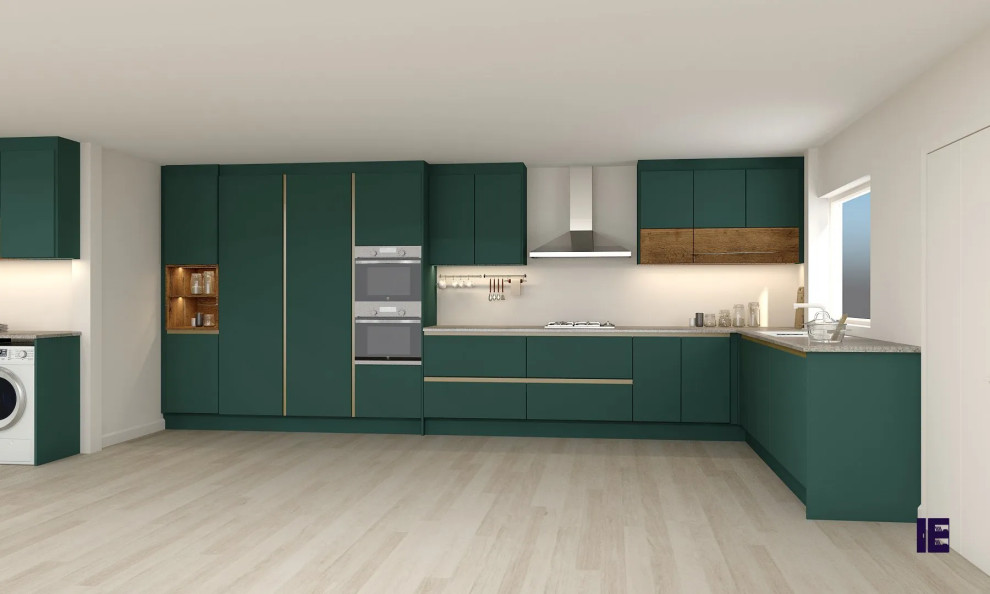 Example of a large trendy l-shaped plywood floor eat-in kitchen design in London with a single-bowl sink, flat-panel cabinets and green cabinets