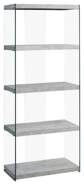 Bookshelf Etagere 5 Tier 60"H Office Bedroom Tempered Glass Laminate Grey Clear
