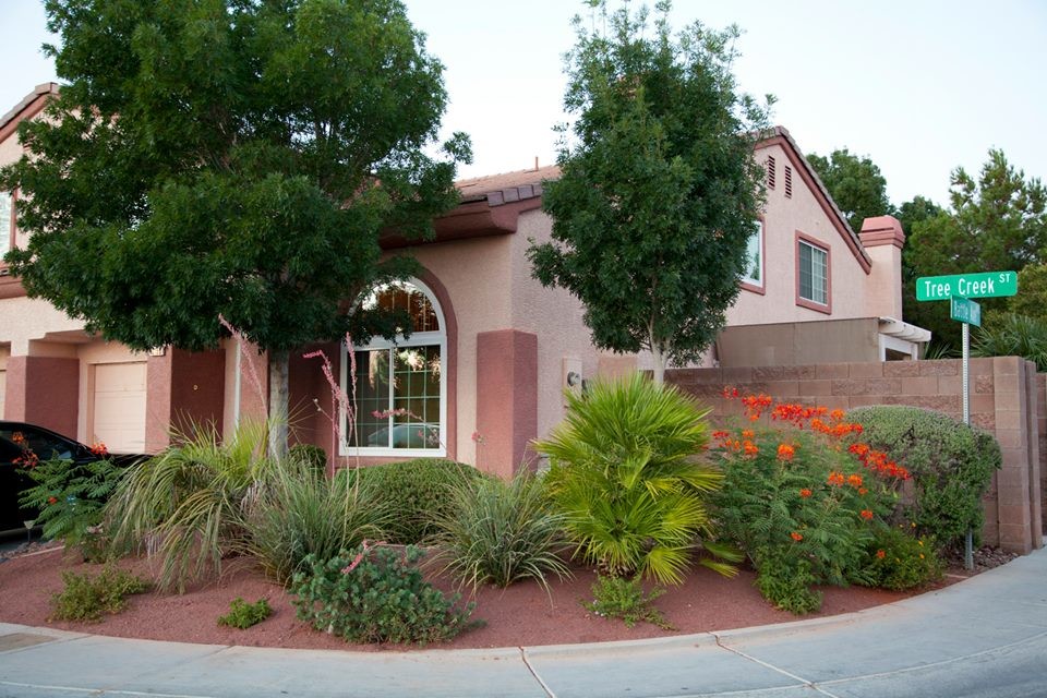 Mid-sized traditional front yard xeriscape in Las Vegas with mulch.