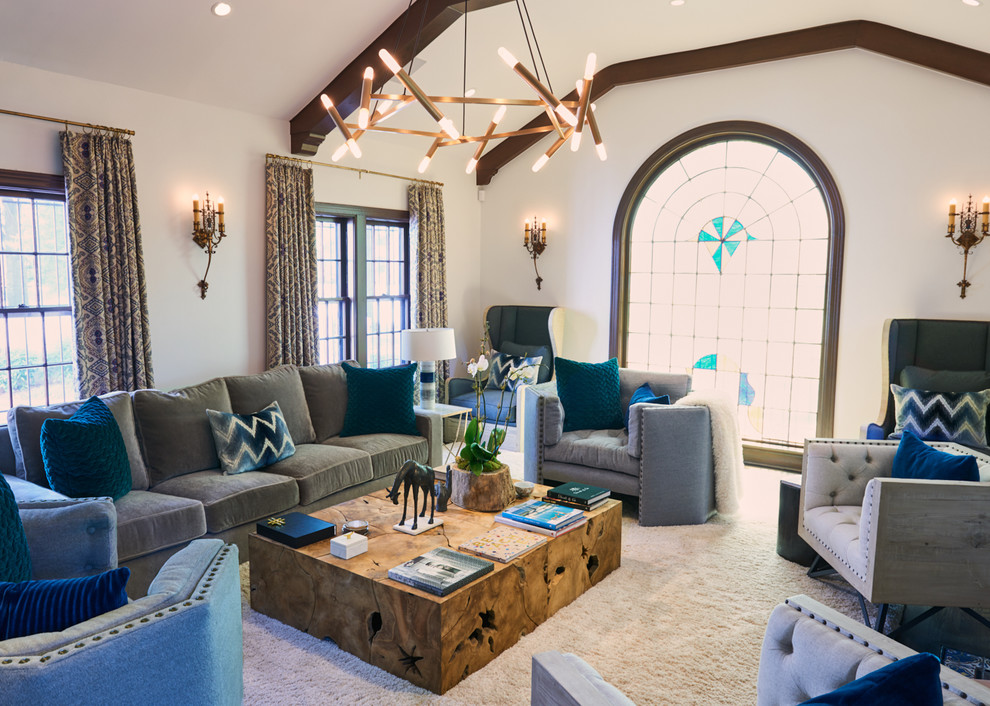 This is an example of a large contemporary open concept living room in Oklahoma City with white walls, a standard fireplace, a tile fireplace surround and a wall-mounted tv.