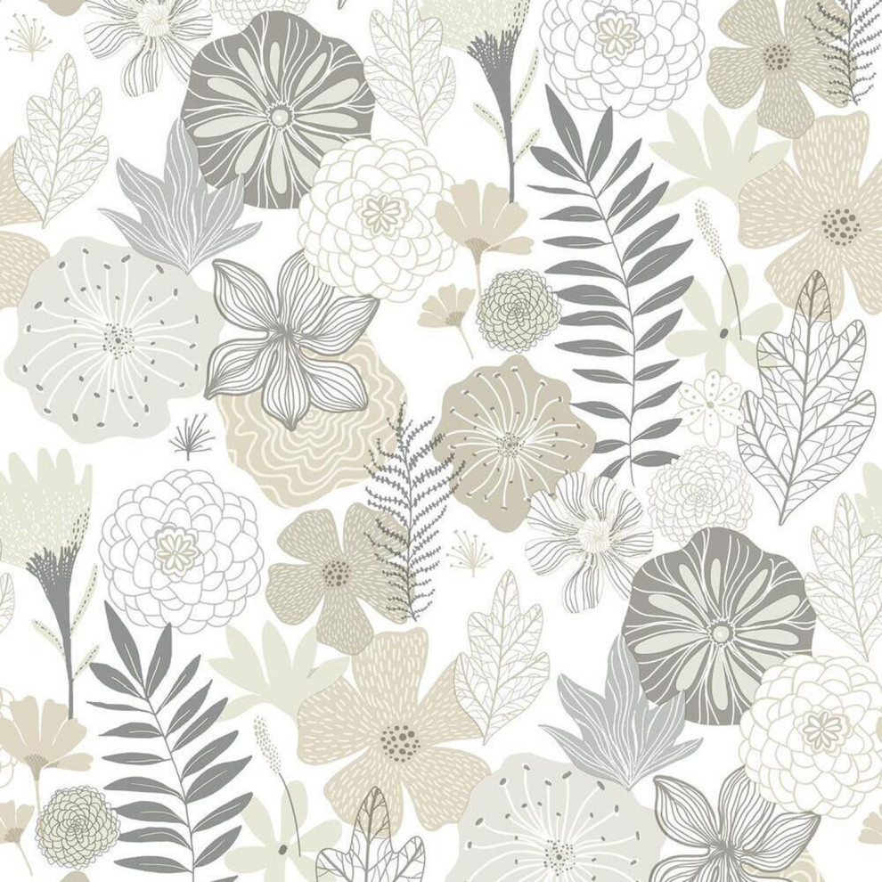 Roommates Decor Modern Perennial Blooms Peel & Stick Wallpaper Beige