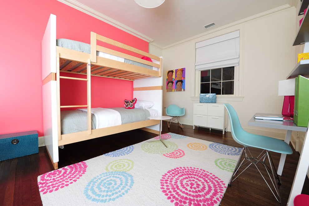 Design ideas for a mid-sized contemporary kids' bedroom for girls in DC Metro with pink walls and dark hardwood floors.