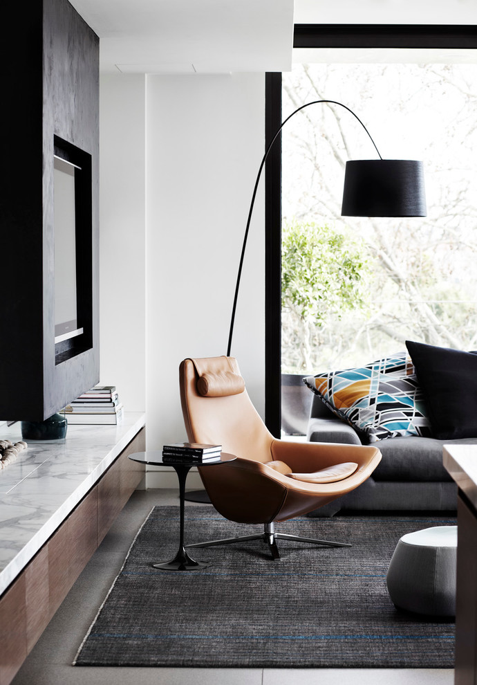 Design ideas for a mid-sized contemporary open concept living room in Melbourne with white walls and a built-in media wall.