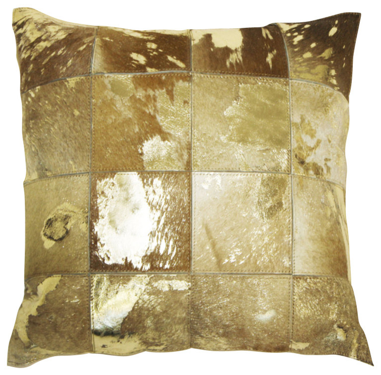 Lucian Matis - 18" x 18" Hair on Hide Pillow, Tan & Gold  (Set of 2 Pillows)