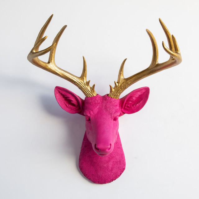 Faux Deer Head Wall Mount - 14 Point Stag Head Antlers, Pink and Gold