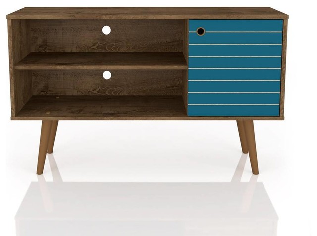 Mid Century Tv Stand Media Cabinet 2 Open Shelves Rustic Brown Mid Century Tv Stand Media Cabinet 2 Open Shelves Rustic Brown Aqua Blue Modern Entertainment Centers And Stands By Modhaus Living