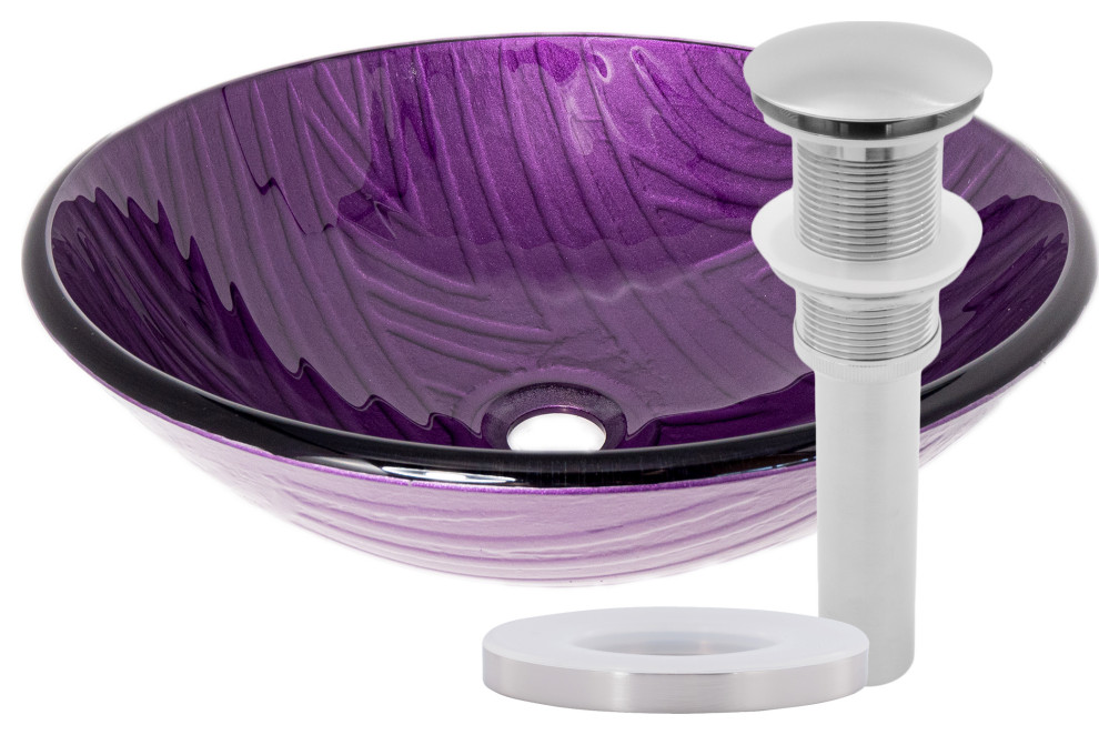 Viola Hand Painted Purple Glass Bathroom Vessel Sink with Drain, Brushed Nickel