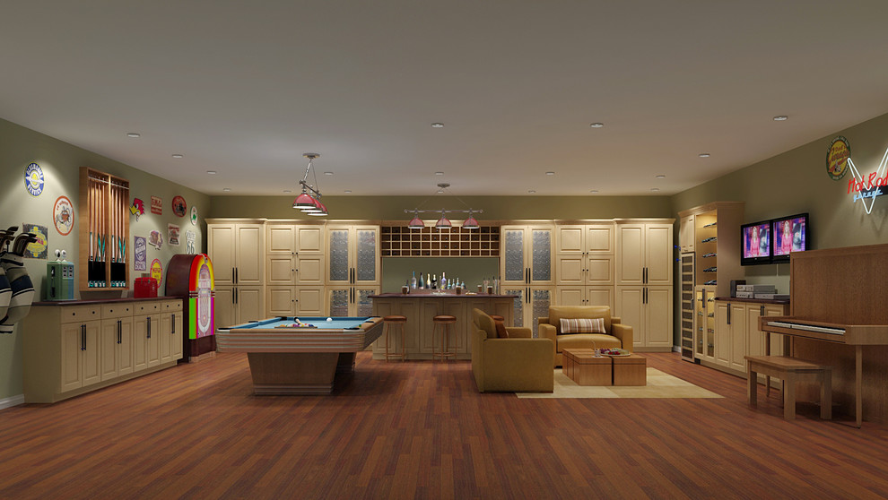 This is an example of a large traditional enclosed family room in Los Angeles with a game room and a wall-mounted tv.