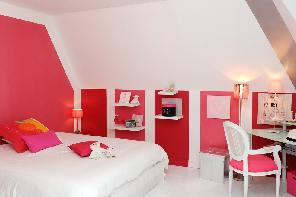 This is an example of a mid-sized contemporary kids' room for girls in Other with painted wood floors and multi-coloured walls.