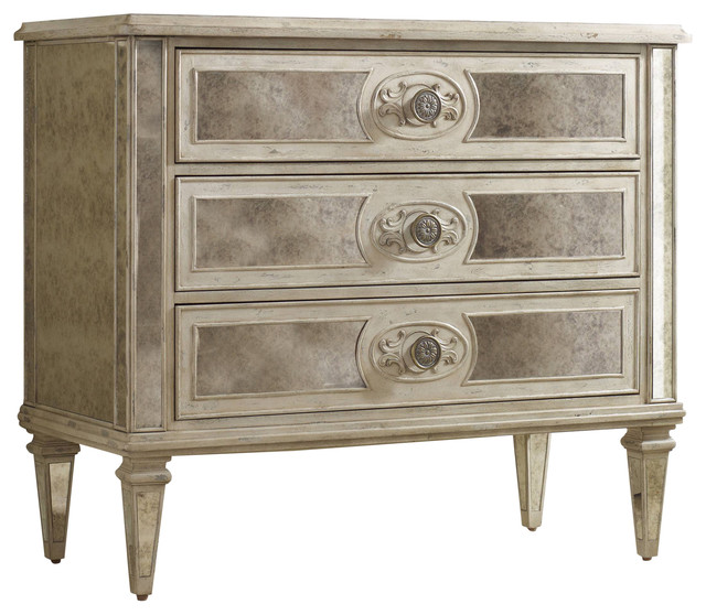 Three Drawer Antique Mirrored Chest Traditional Accent Chests Three Drawer Antique Mirrored Chest