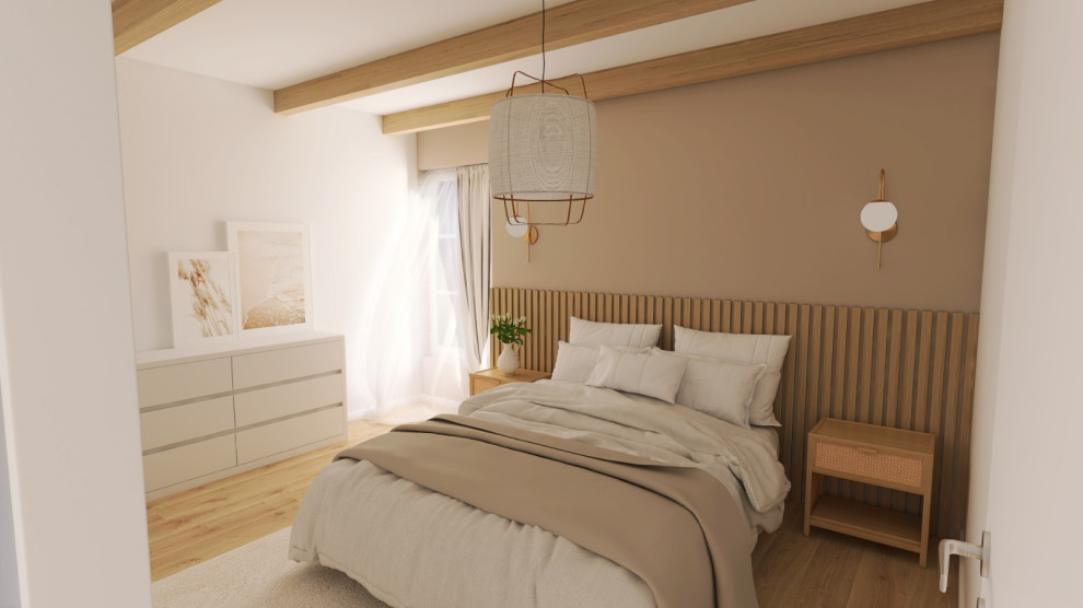 Aménagement d'une chambre parentale beige et blanche scandinave avec un mur rose, sol en stratifié, un sol beige et poutres apparentes.