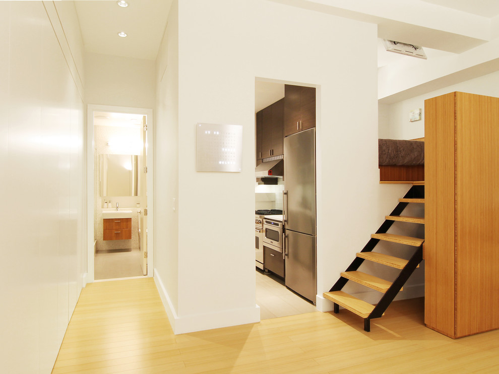 Photo of a mid-sized contemporary hallway in New York with light hardwood floors, white walls and beige floor.
