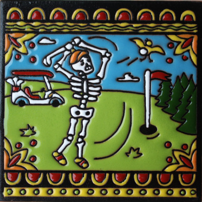 6"x6" Golf Day of the Dead Clay Tile