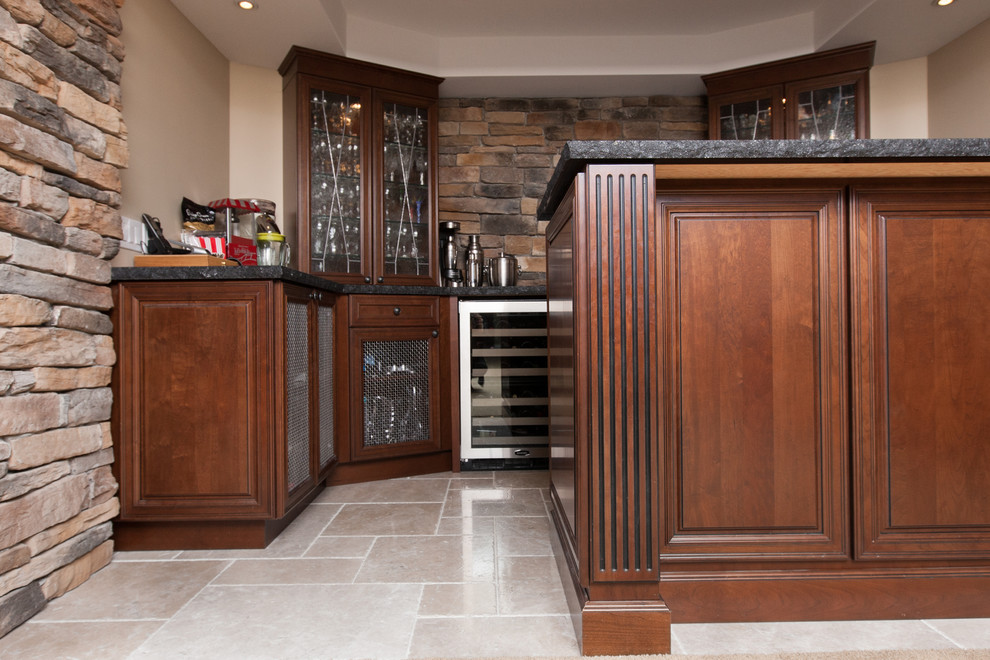 Example of a single-wall ceramic tile wet bar design in Toronto with raised-panel cabinets, dark wood cabinets, granite countertops, multicolored backsplash and stone slab backsplash
