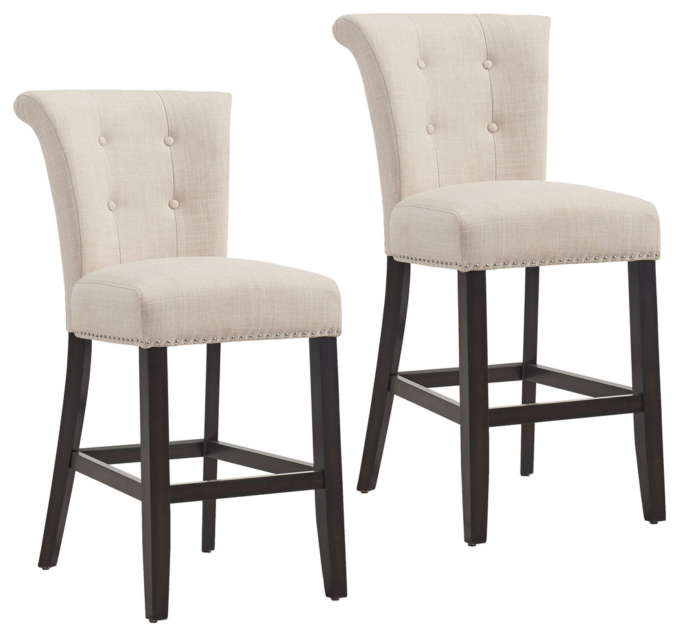 Button Tufted Fabric Counter Stool, Set of 2, Coffee Leg