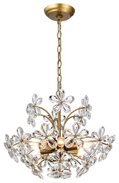 Grace 6-Light Crystal Glass Flower Chandelier, Brushed Brass Finish ...