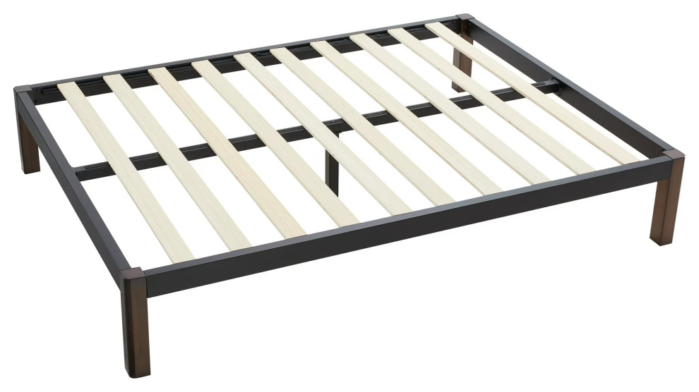 Modern Platform Bed, Metal Frame With Rounded Corners & Wood Slats