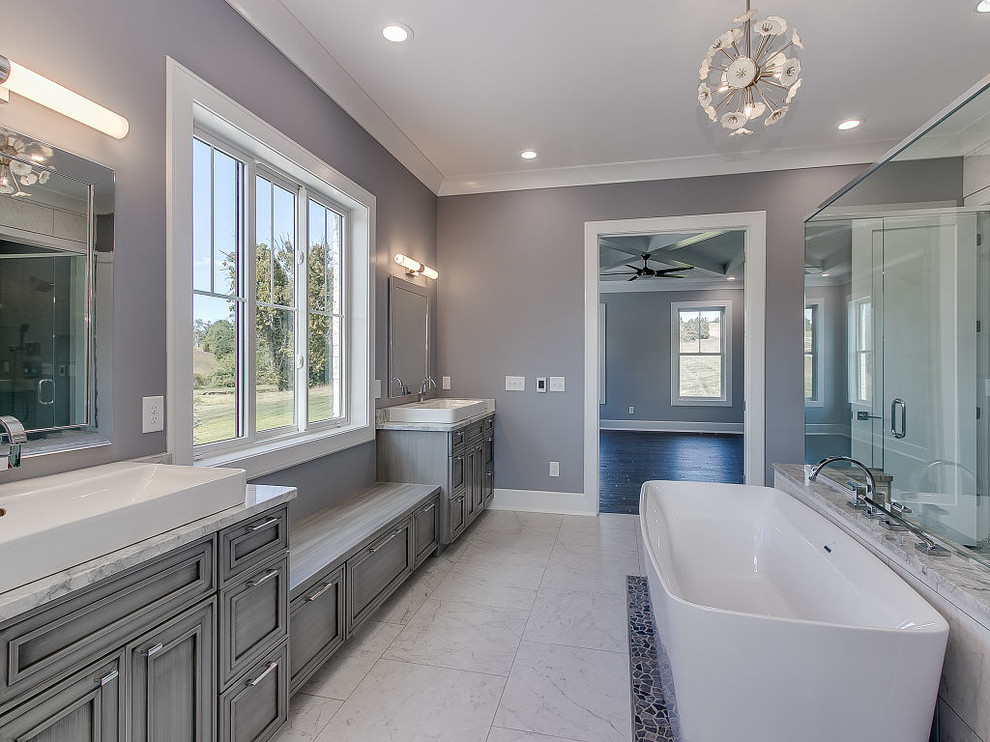 Large transitional master bathroom in Other with flat-panel cabinets, grey cabinets, a freestanding tub, grey walls, a corner shower, ceramic floors, a vessel sink, quartzite benchtops, white floor, a hinged shower door and white benchtops.