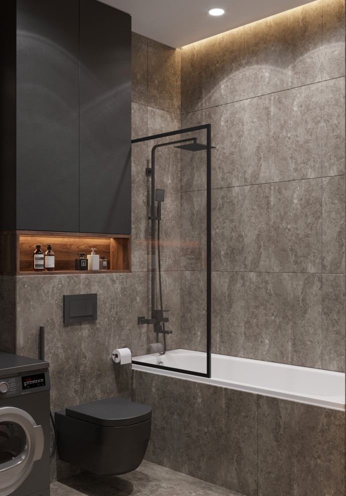 Идея дизайна: главная ванная комната среднего размера в современном стиле с коричневыми фасадами, ванной в нише, серой плиткой, серыми стенами, серым полом, тумбой под две раковины и подвесной тумбой