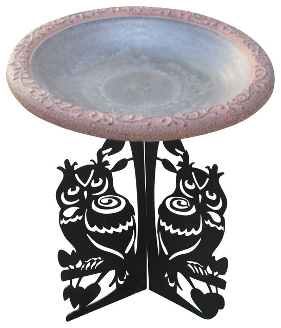 Tierra Garden Birdbath Fiber Clay Black Bowl With Red Rim and Owl Laser