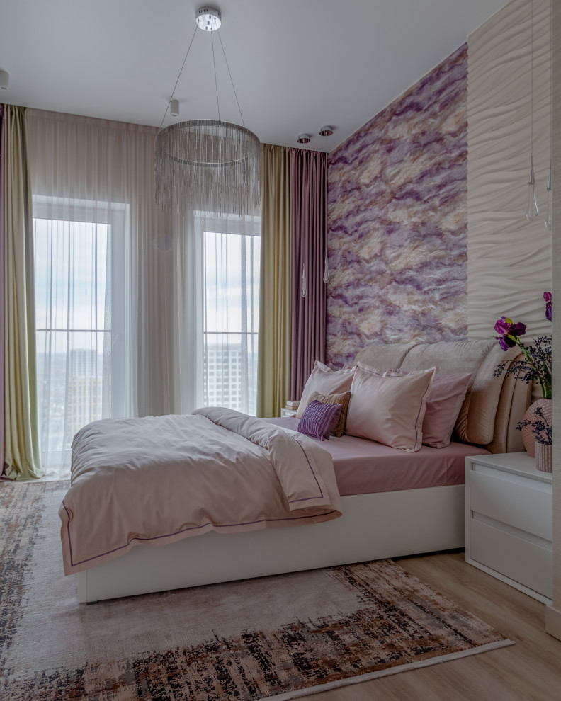 Example of a large trendy master vinyl floor, beige floor and wallpaper bedroom design in Novosibirsk with beige walls
