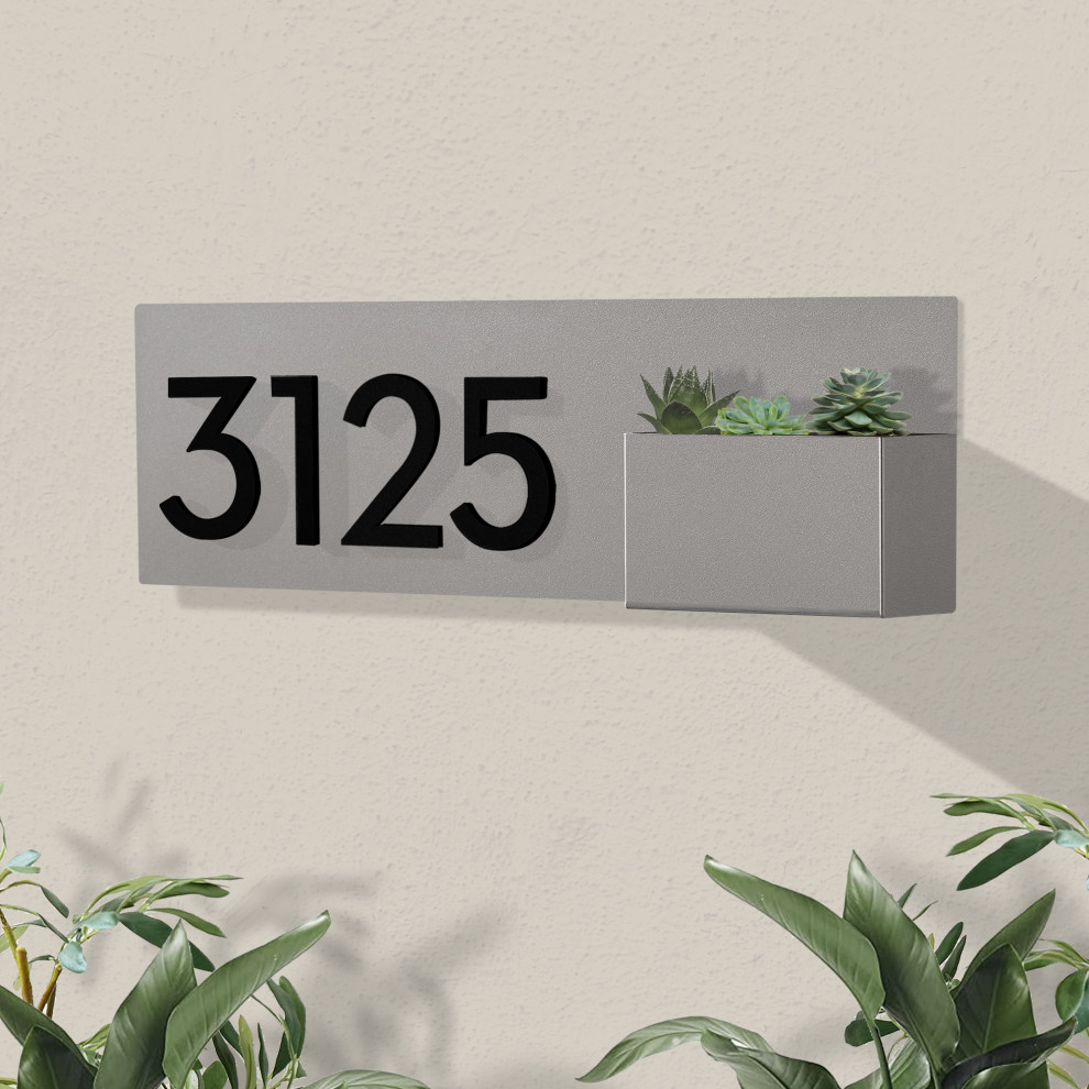 Vista View Address Planter + House Numbers, Gray, Black Font