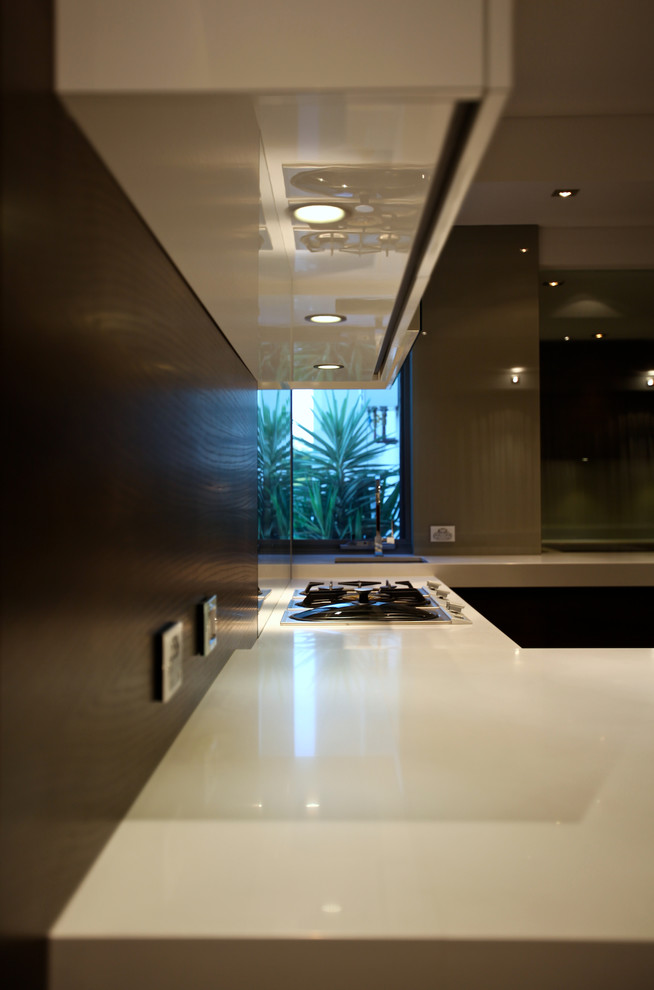 Transitional u-shaped dark wood floor open concept kitchen photo in Perth with an undermount sink, flat-panel cabinets, dark wood cabinets, granite countertops, glass sheet backsplash and no island