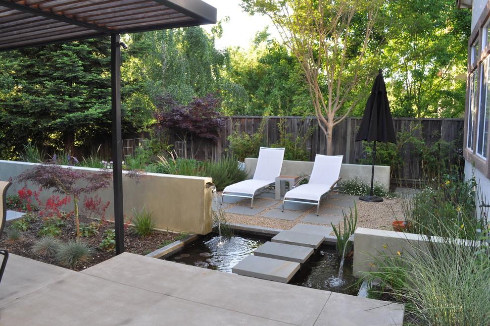 This is an example of a contemporary patio in San Francisco with a pergola and a water feature.