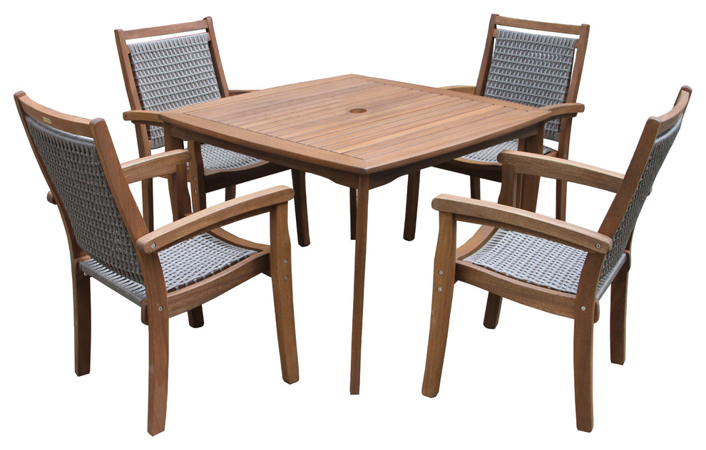 5Piece Eucalyptus Dining Set with Wicker Stacking Chairs Tropical Outdoor Dining Sets by
