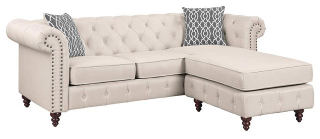 ACME Waldina Tufted Linen Fabric Upholstered Reversible Sectional Sofa in Beige