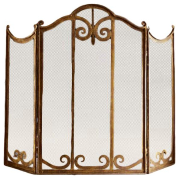 Classic Scroll Antique Gold Iron Fireplace Screen Vintage Style Arch Firescreen