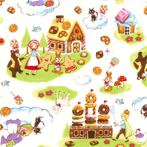 white fairy tale fabric with gingerbread house kawaii